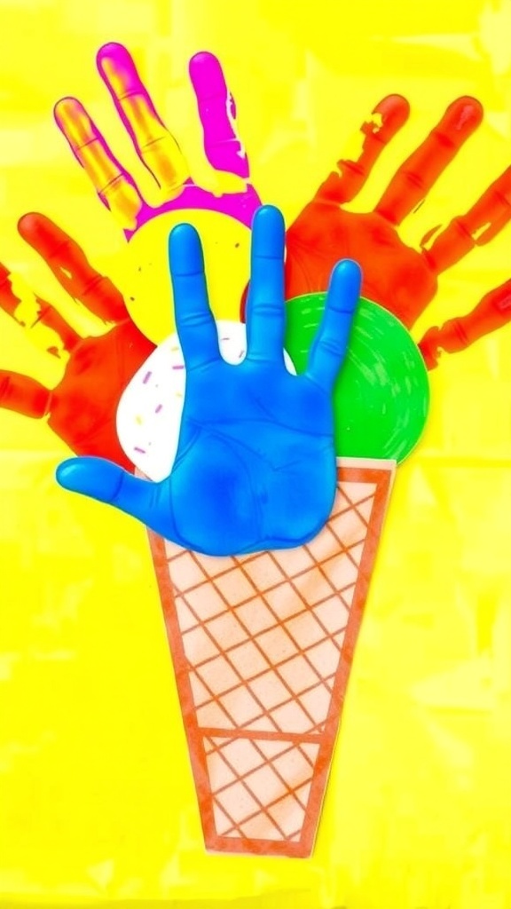 Colorful handprint ice cream craft with a paper cone, created by children.